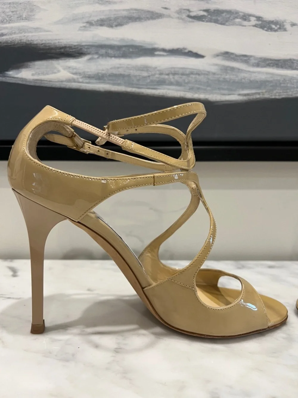 Jimmy Choo Beige Patent Leather Strappy High-Heel Sandals - Picture 7 of 10